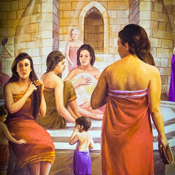 Mural depicting women's day at the bathhouse — Hamam Museum, Gaziantep.