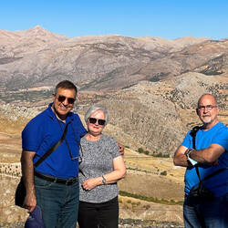 Mount Nemrut is the cone shaped mountain behind us — Kâhta, Adıyaman.