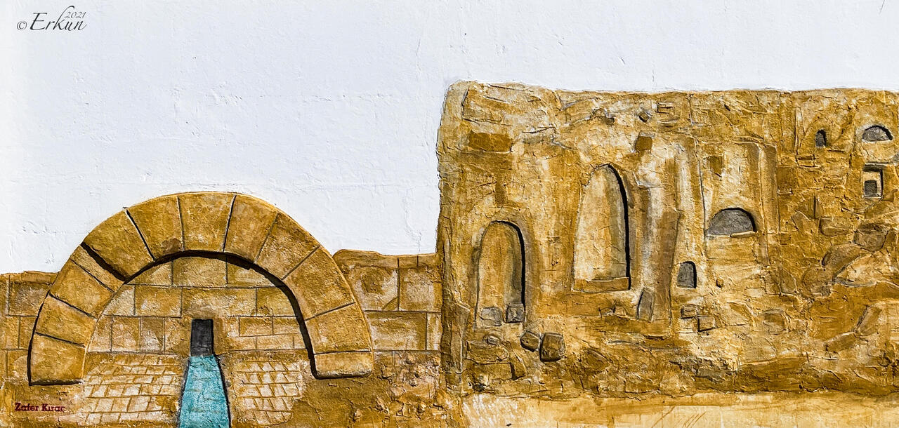 Bas relief mosaic mural welcoming visitors to Perrhe — Adıyaman, Turkey.