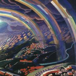Paesaggio con tre arcobaleni visto dall'alto - Gerardo Dottori 1932 | Olio su tavola