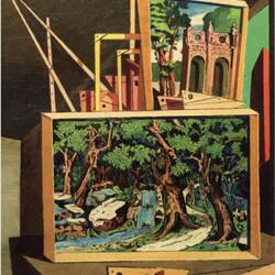 Giorgio de Chirico, Interno metafisico (con alberi e cascata), 1918, olio su tela
