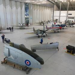 Exhibition hall overview; all 12 Spitfires can be seen