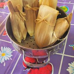 Tamales (gefüllter Maisteig in Maisblättern gekocht)