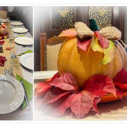 Fresh fall foliage & mom's pumpkin centerpiece creation decorate the Thanksgiving table — Alsancak.