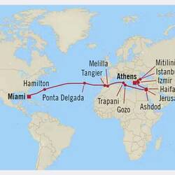 Insignia's planned itinerary from Miami to Athens.