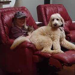 Micki, her Golden Doodle Tinsley, and Mike's cat Boots