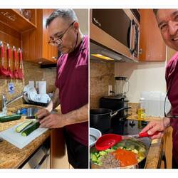 Mui putting the kitchenette to good use ... cooking a Turkish zucchini dish — Miami, FL