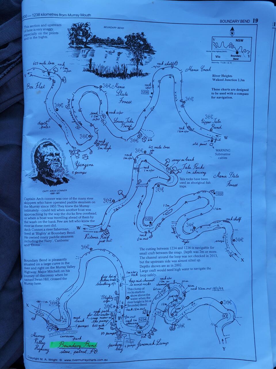 This is an extract of The River Murray Charts that is my constant companion. Shows snags, distance markers, po