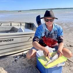 Cleaning his catch - Squid, cuttlefish and whiting, delicious.