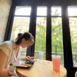 Working hard at Starbucks - the building was gorgeous