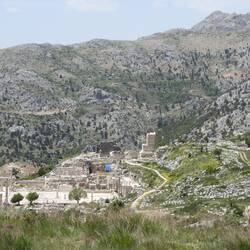 Looking down at site. Fountain centre front below blue area