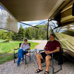 Afternoon tea on the patio of Site 22 at the Elk Run Campground — Sylvan Lake State Park, CO.