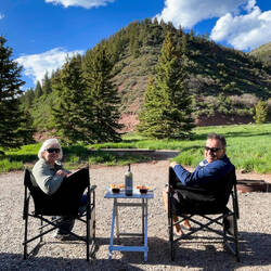 Wine and snacks on the patio of site 22 @ the Elk Run Campground — Sylvan Lake State Park, CO.