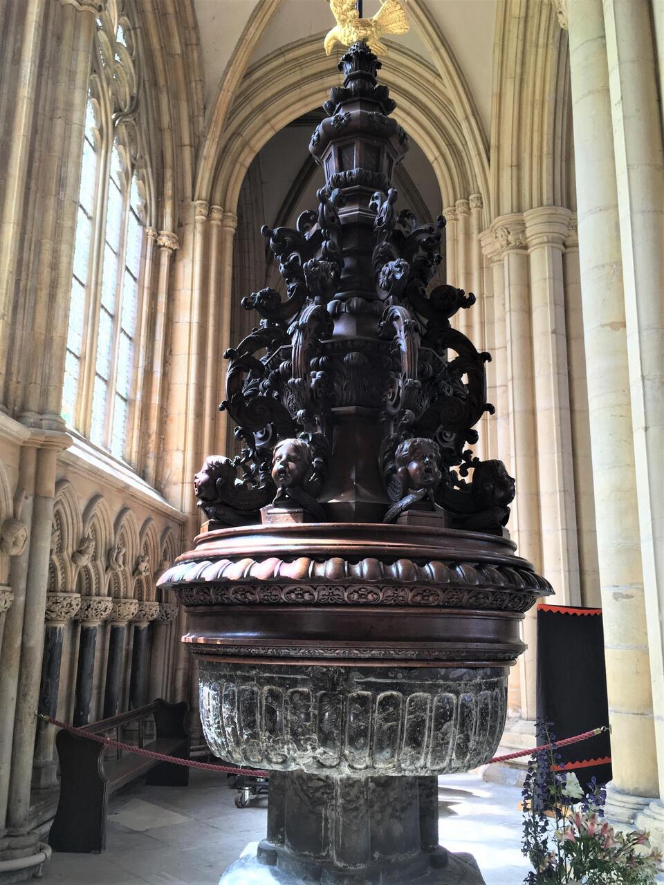 The huge, font was carved in 1170 from a single piece of polished limestone