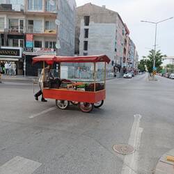 Otw walking from hotel to Trojan Horse Statute near the dock. Local cart selling cherries, fruits.