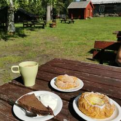 Fika - kafe, tartå, kanelbulle, vipsgrädde