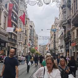 Istiklal Street. Stretches over 2km long. Galata Tower at the end of street.