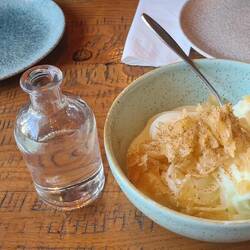 Delicious local supper including mussels, sausages, moussaka, meatballs,mastica..