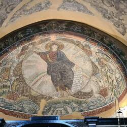 Stunning mosaic of beardless Christ, rivers of paradise, beasts, rainbow, 12c