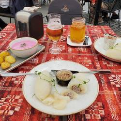 Traditional cold beat soup and potatoes dumplings