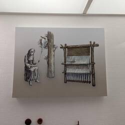 An exhibit depicting a simple, early loom.