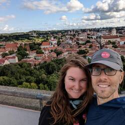 View of old town. Us sporting our numerous museum stickers