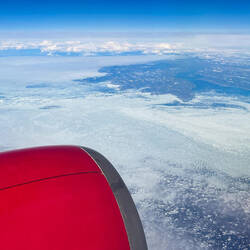 Heavy sea ice appears soon after we take off from Iqaluit — Baffin Island, Canada.
