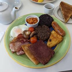 Proper Scotish Breakfast. Including Haggis (sheep product banned in US since 1971 by FDA)