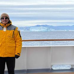 Yes, Mui's out on deck with me — Disko Bay, Greenland.