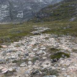 A rough path of rocks points the way through the tundra — Eqip Sermia, Greenland.