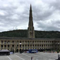 The 1779 Piece Hall, with the Congregational Church Steeple behind it.