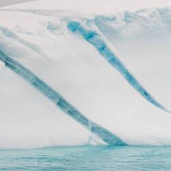 If a crack in the berg fills with water and freezes, it can form stripes.