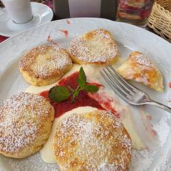 Varškėčius - Pancakes with Cottage Cheese served with Custard and Strawberry Preserves
