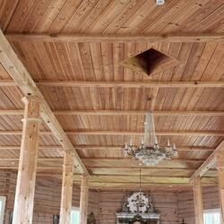 The altar and chandelier inside the church in the small "Rumškiai town"