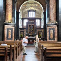 Scott and Gintas near altar inside Church of the Visitation in the monastery of Pažaislis, Kaunas