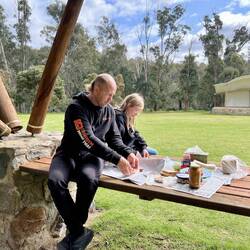 Enjiying the freshly bought goodies for lunch.