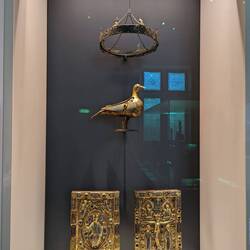 Check this out- a golden dove to hold consecrated elements, suspended over the altar
