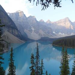Moraine Lake at sunrise from top of rockpile