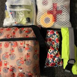 Liquids, first aid supplies, toiletries bag, glasses and clip ons, dry bag for laundry