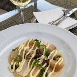 Chicken hearts, roasted kohlrabi, broccoli, pickled elderflower, smoked cream