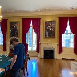 The balcony on the middle window is where the Declaration of Independence was first read to crowds