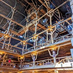 Inside the Old Faithful Inn and view up to Crow's Nest. Unfortunately, that's no longer accessable