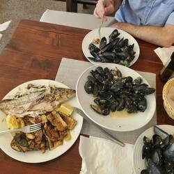 Our first meal, Sea Bass and Mussels