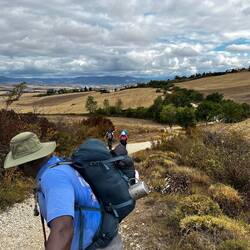 Allan looking back at the ground we'd covered on our way up to El Alto del Perdón.