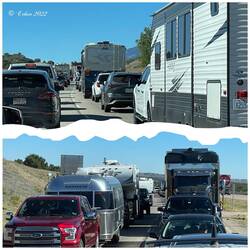 A long line of vehicles ahead of us .... and a long line behind us — Colorado.