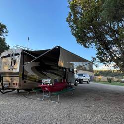 Spacious 50A FHU site for our stay at the Mesa Verde RV Park — Mancos, CO.