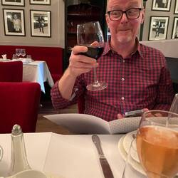 Ian very excited about his glass of red