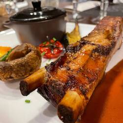 Roast pork ribs with roasted veges and aligot