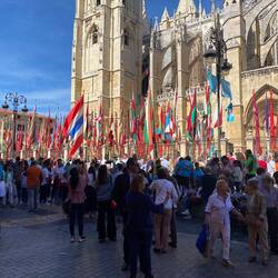 Colorful banners line up in front of the cathedral for San Froilán.