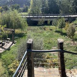 Back garden with herb and flower beds, 8 veggie beds and river access